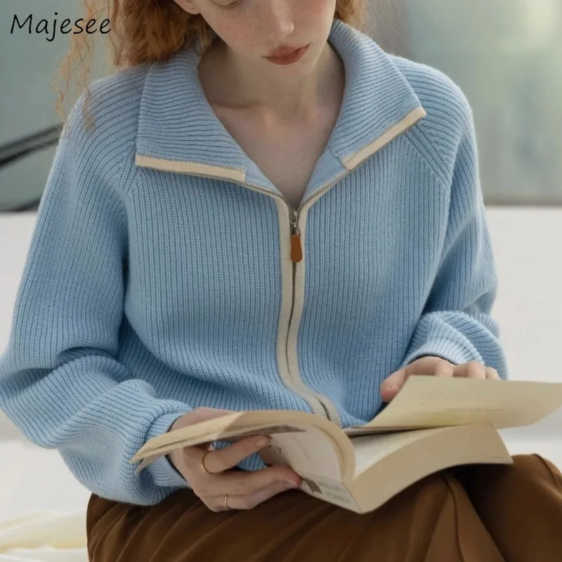 

Cardigan Women Turn-down Collar Zipper Ins Preppy Style Long Sleeve Knitted All-match Outwear Sweaters Autumn Vintage Popular