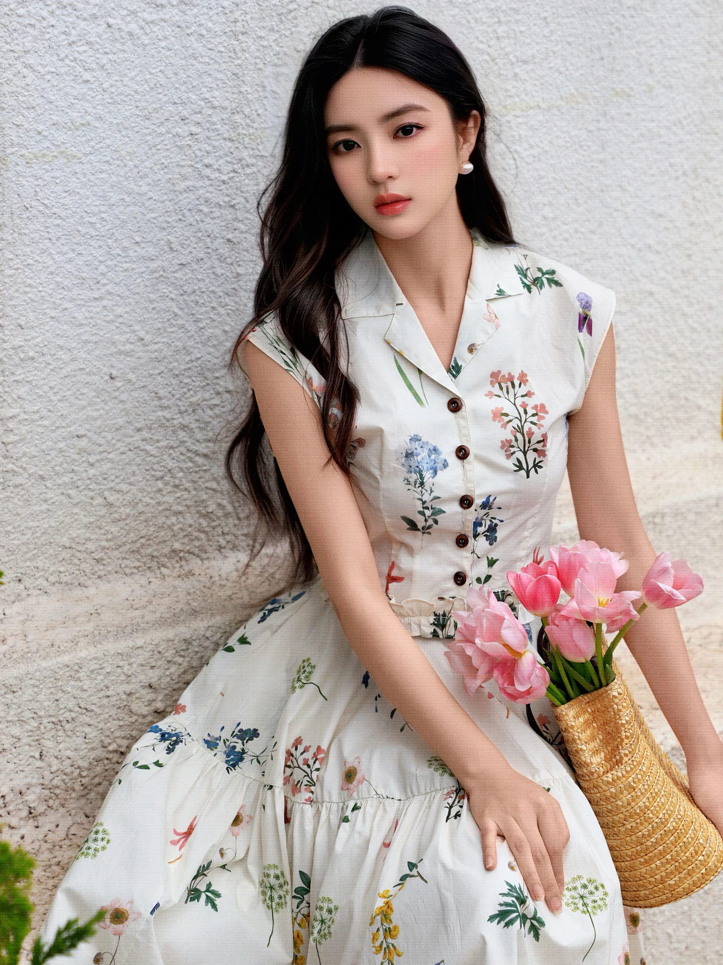 

JUJU2026 Summer New Vintage Plant Print Shirt Dress Set Cotton Mid-Length A-Line Skirt with Pockets Women's Fashion Ensemble