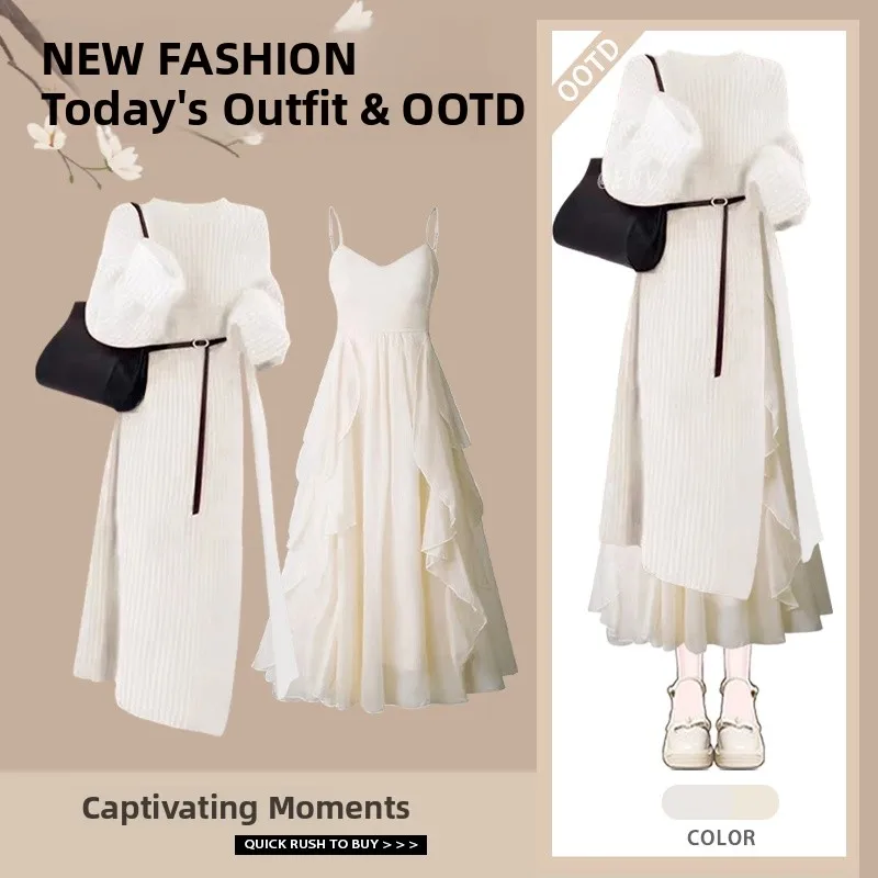 Red Knitted Sweater And ter Dr Set New Year Faion Autumn Winter 2025 New Arrival Women's Ensemble Long Sve