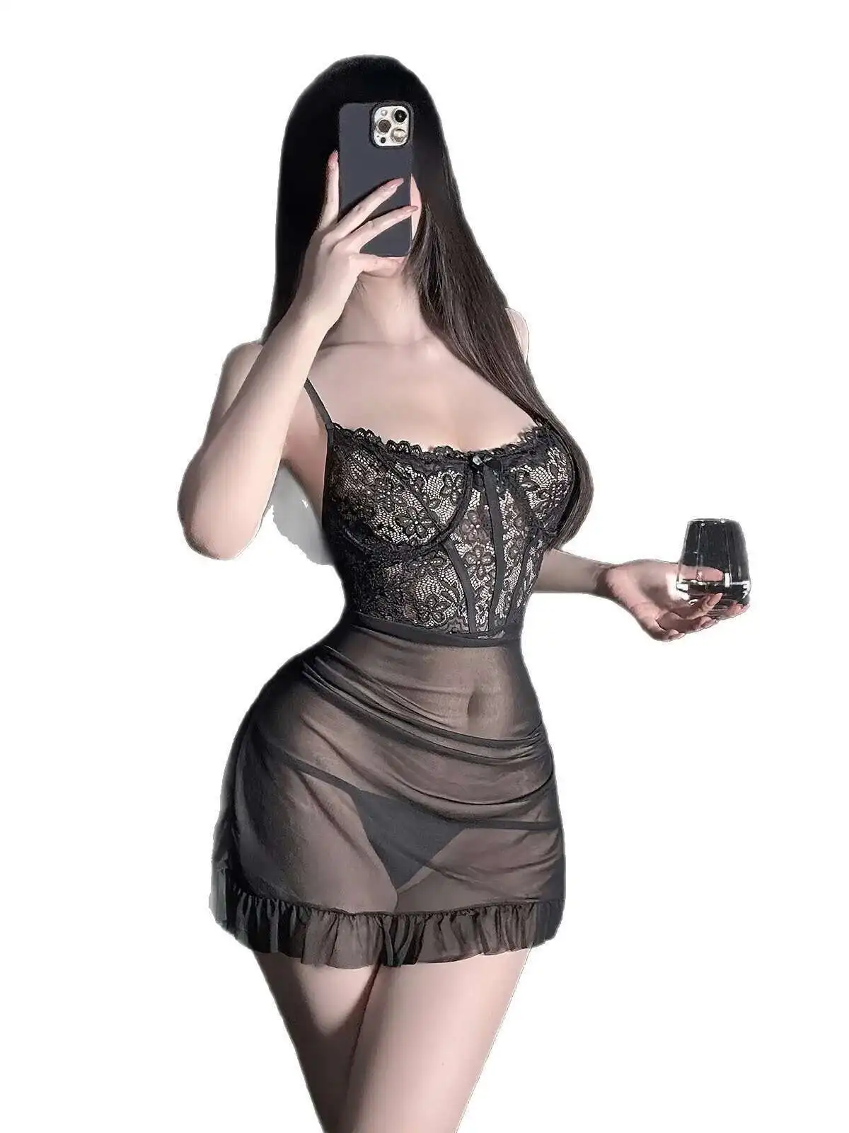 Camisón transparente con tirantes fruncidos y aros, Sexy, con adorno de encaje, nuevo vestido, Mini vestido sin mangas elegante, encaje de malla dulce transparente 57RT