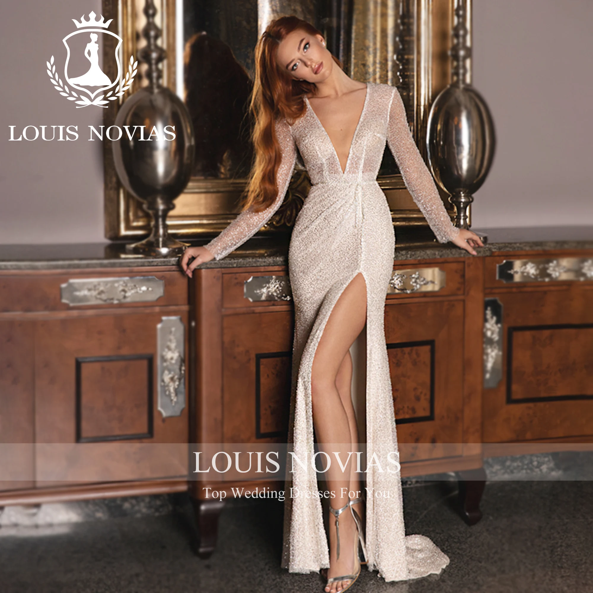 LOUIS NOVIAS Meerjungfrau Brautkleider Für Frauen Sexy Luxus V-ausschnitt Schatz Oberschenkel Split Stretch Brautkleid Vestidos De Novia