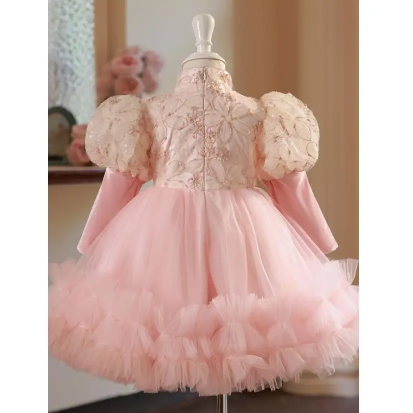 High-End Children's Princess Evening Gown Long Sleeved Pearl Sequin Design Wedding Birthday Baptism Eid Party Girls Dress A3161