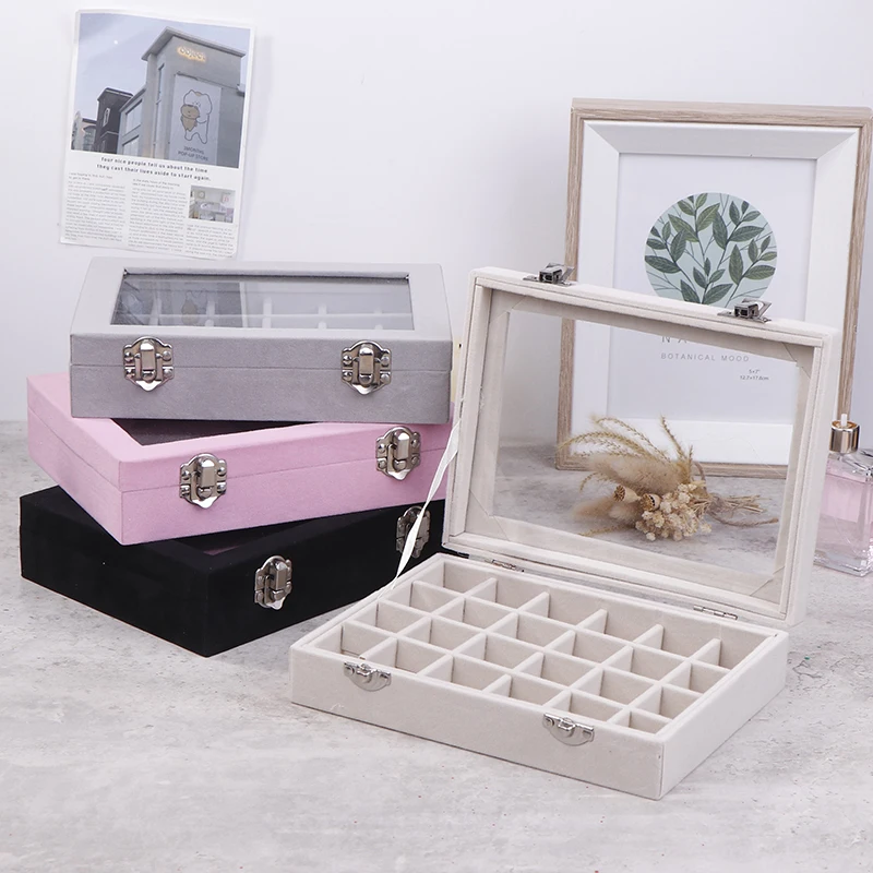 4 Colors Choose 24 Grid Velvet Glass Jewelry Ring Display Organiser Tray Holder Earrings Storage Case With Lock For Girls Women