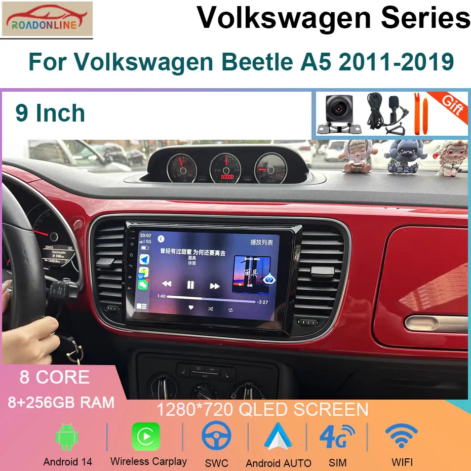 9INCH 8+256GB Android 14 Car Radio For Volkswagen Beetle A5 2011-2019 Multimedia Video Player Navigation stereo Carplay GPS+WIFI