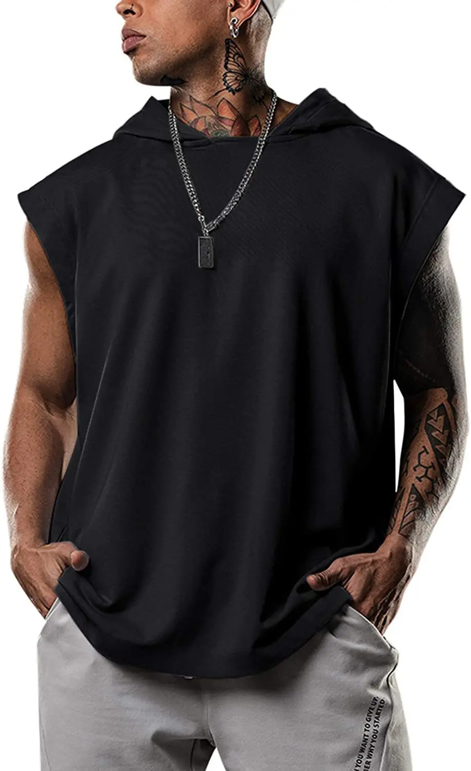 2023 Hooded Solid Color New Men\'s Casual Pullover Sports Men\'s T-shirt Sleeveless Men\'s Waistcoat Loose