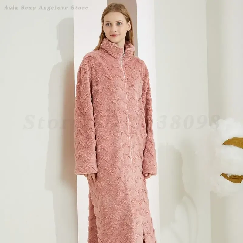 

Flannel Long Nightdress Winter New High Neck Nightgown Thicken Coral Fleece Bathrobe Yukata Gown Female Robe Negligee Home Dress