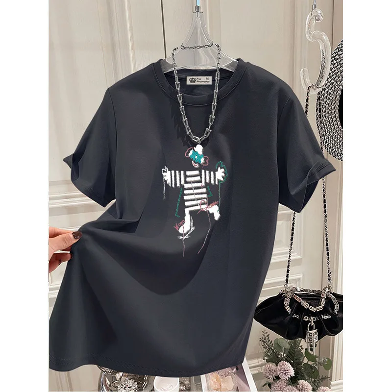 Women Clothing Chic Hand-Painted Cartoon Print Tshirt Summer Pure Cotton O-neck Short Sleeve Basic Top Tee Casual Loose Pullover