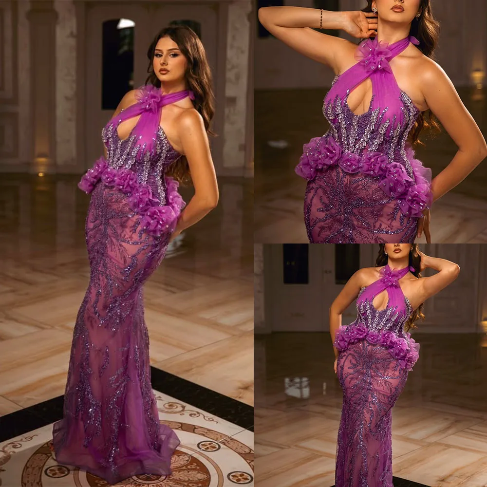 

Elegant Dubai Mermaid Prom Dresses 3D Handmade Flowers Beading Arabic Evening Dress Luxury Celebrity Party Gowns Customized