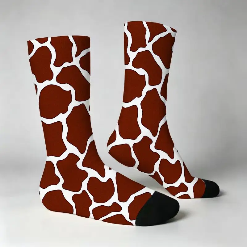 Bold Giraffe Print Crew Socks for Men And Women, Featuring Irregular Brown Patches And White Lines with Black Toe