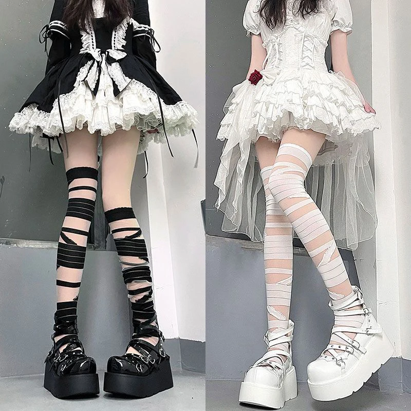 Lolita Black And 1PC White Bandages Thin Jk Uniform Cross Straps Long Knee Length Stockings Women\'s Cosplay Sexy Thigh Stockings