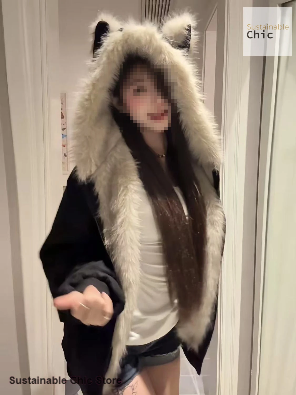 French black new fur collar clip cotton mountain carving cat ear coat women's autumn and winter new fashion padded cotton coat.