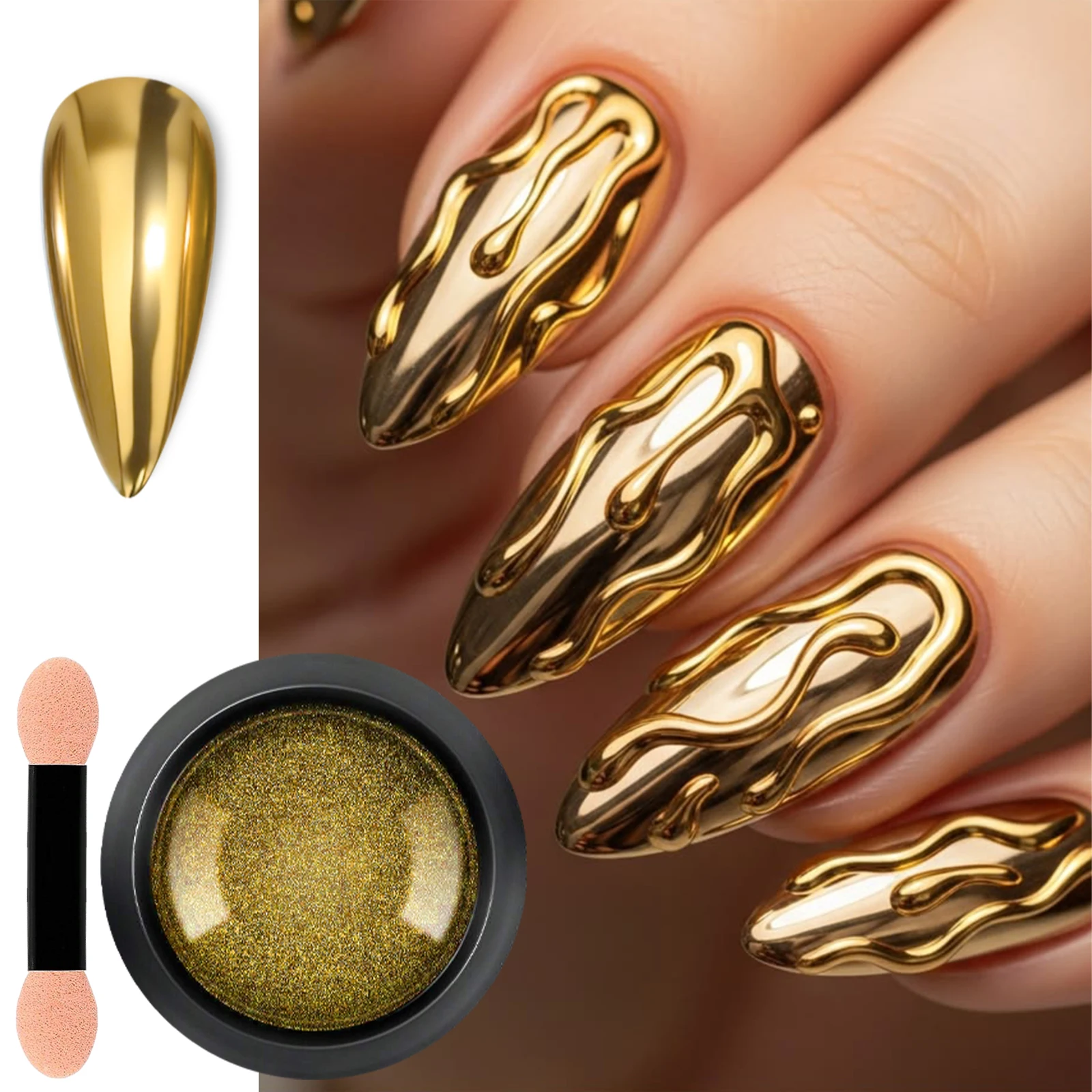 Goldener Spiegel-Chrom-Nagelpuder mit Metalleffekt, Nagelglitter mit Schwammstab, DIY Nagelkunst, Salon-Maniküre-Dekorationspigment – Detail 2