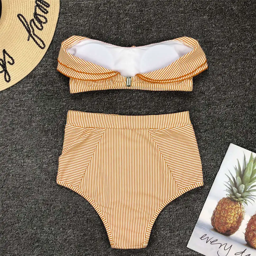 Gestreifter Bandeau-Bikini mit Rüschen, Damen-Badeanzug, hochtailliert, zweiteiliger Bikini, Badebekleidung, Badeanzug, Modell V1183. – Detail 23