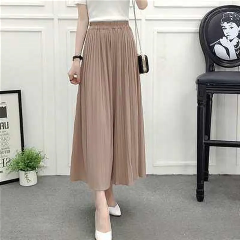 Women's High Waist Wide Leg Chiffon Pleated Loose Skirt Pants Casual Summer Cotton Reflective Fashion Sweet Style