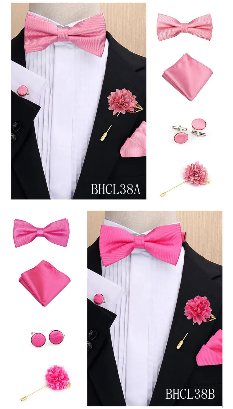 Modisches einfarbiges Fliege-Set für Herren, Fliege, Taschentuch, Manschettenknöpfe mit floraler Brosche, Anzug, Hochzeit, Business, Herren-Accessoires – Detail 9