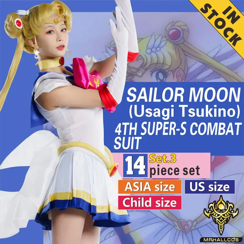 

MRHALLCOS Anime Cosplay Sailor Usagi Tsukino Moon SuperS Crystal Dress Outfits Costume Halloween Party Kid Adult Women Plus Size