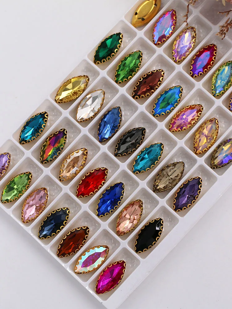 Strass en forme d'oeil de cheval, 7x15mm, 30 pièces, avec Base dorée, Design de griffe en dentelle, verre à coudre, cristal, accessoires pour vêtements, bricolage