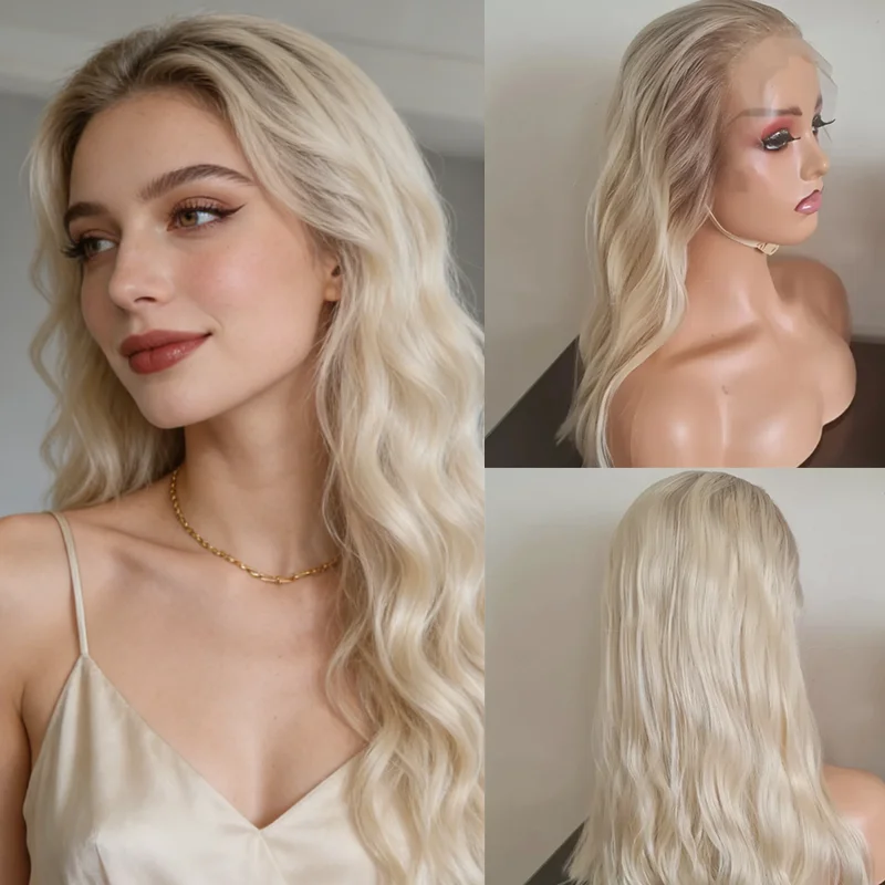 White Platinum Blonde Lace Frontal Wigs 13x4 Free Parting Synthetic Hair mixed 5% Human Hair Wigs for Women Ladies Girls Cosplay