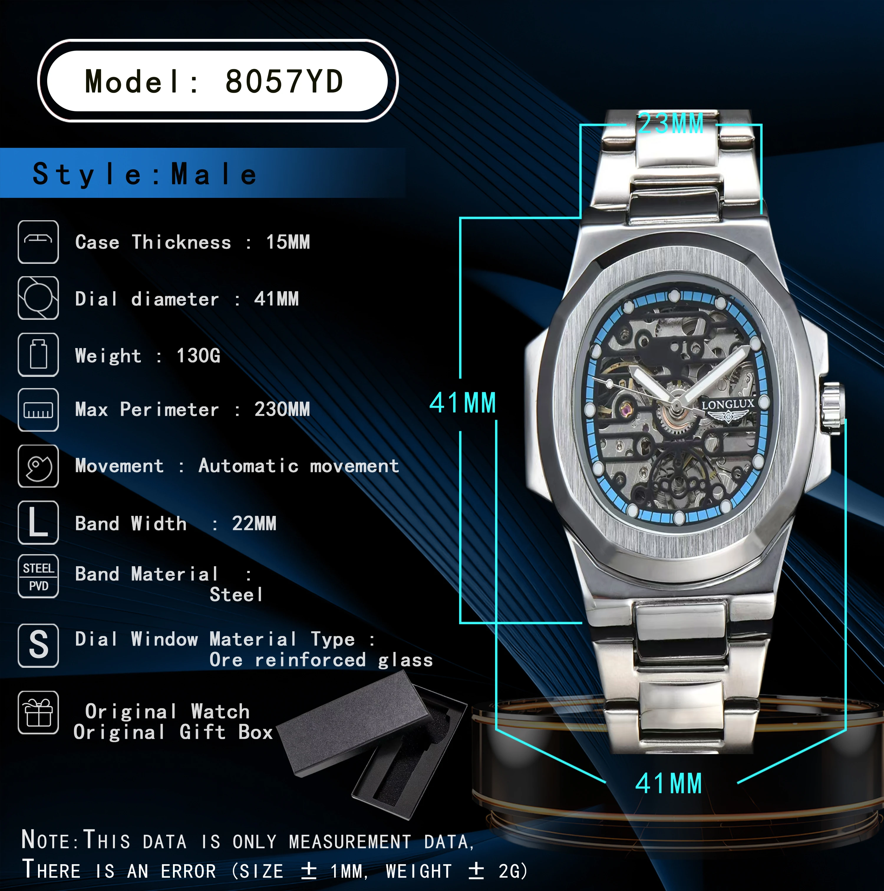 Reloj Automático LONGLUX, venta al por mayor, relojes mecánicos, esqueleto de acero inoxidable, resistente al agua, reloj de lujo para hombre,