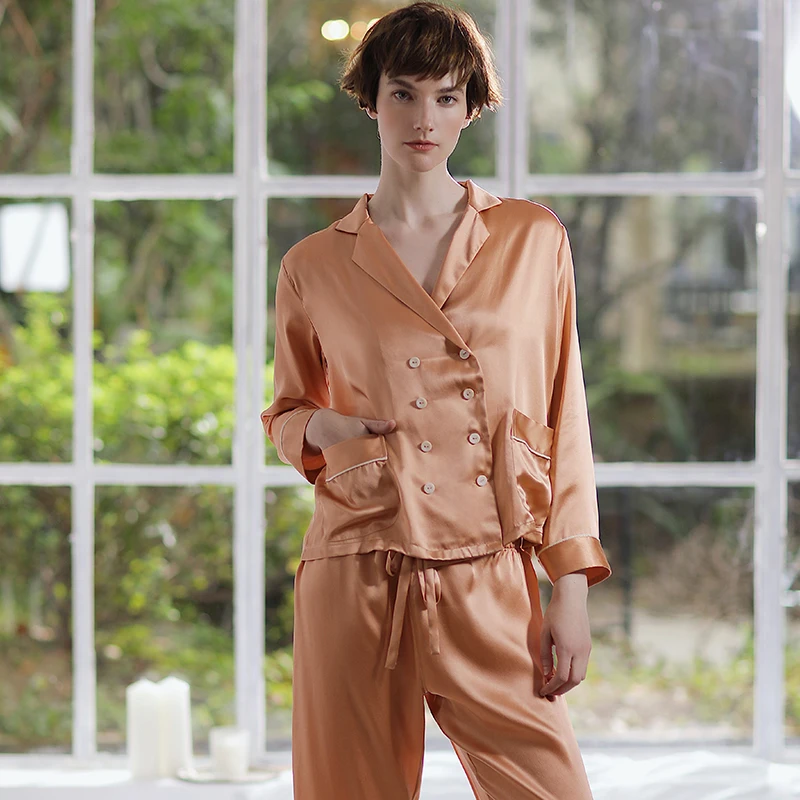 Women's Double-Breasted Silk Pajamas Set 100% Mulberry Silk Long Sleeve Sleepwear Long Sleeve Trousers Home Outfit Wear Outside
