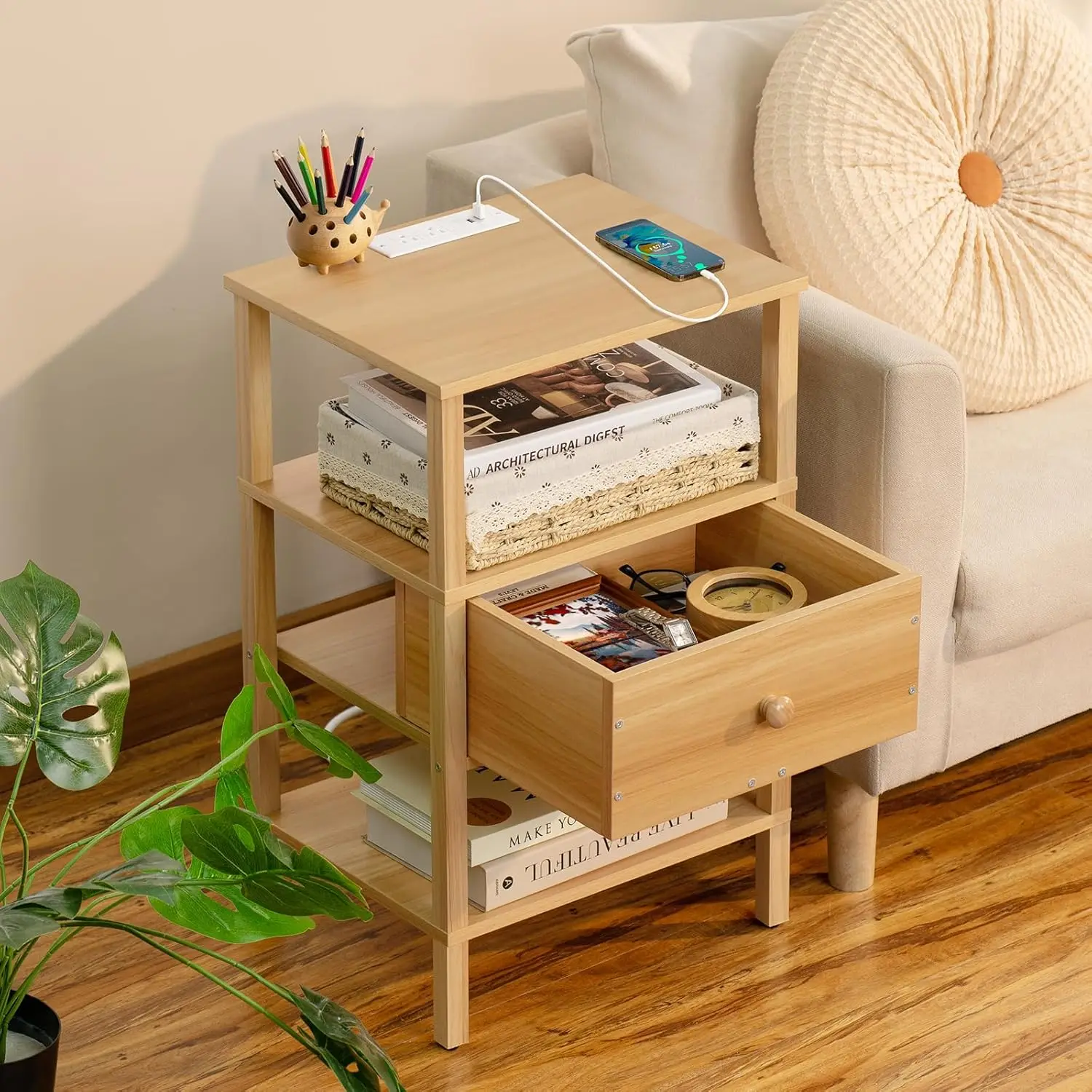 

Lerliuo Nightstand With Charging Station And Usb Ports, 3-Tier Storage End Table With Drawer Shelf, Night Stand For Small
