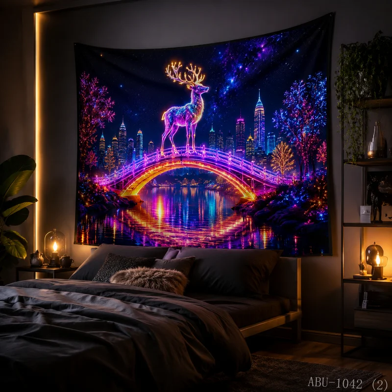 VIKAMA Neon Light Speed Race Reindeer Christmas Tapestry, HD Background Cloth, Energetic Holiday Atmosphere Decor