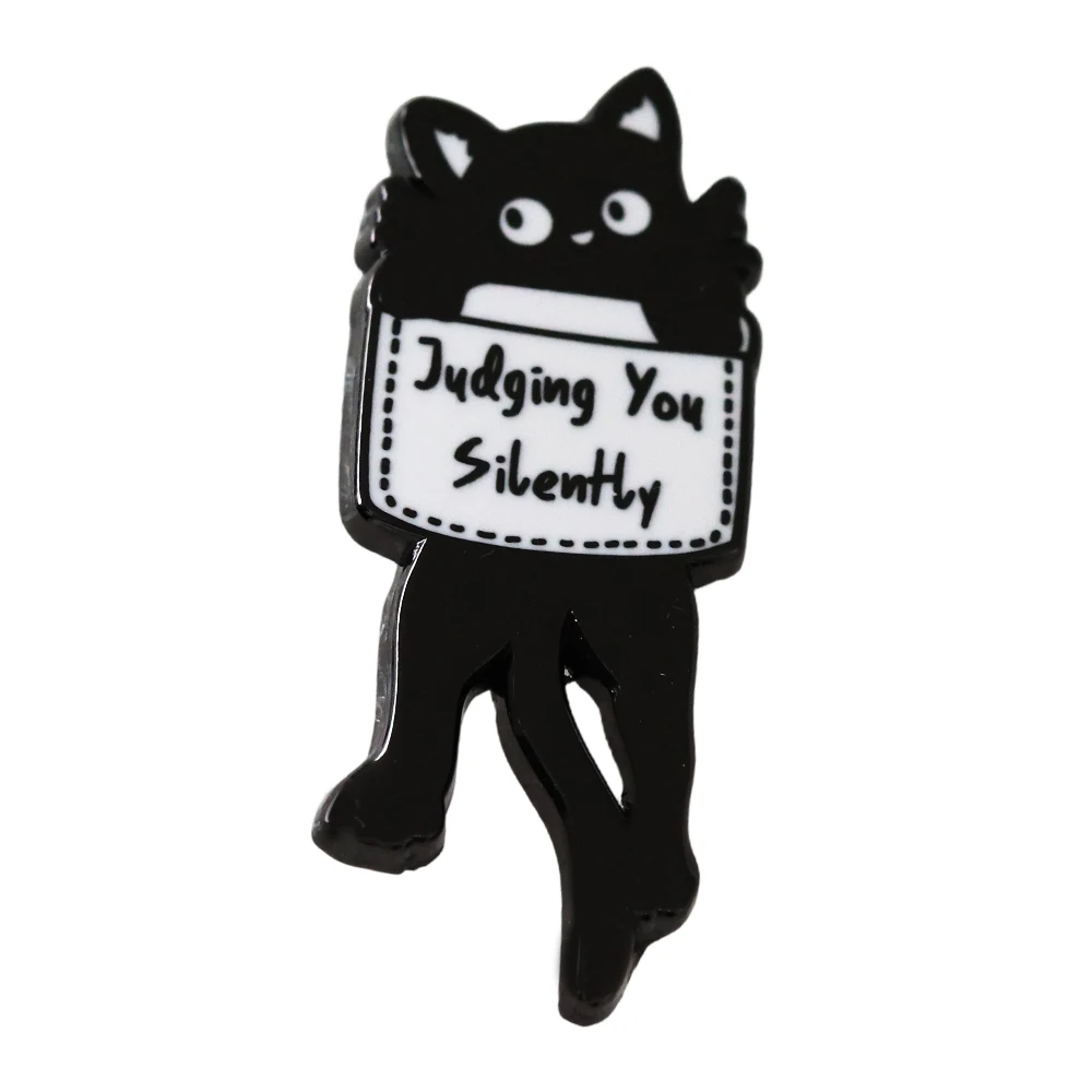 Judging You Silently Funny Slogan Badge Fun Black Cat Brooch Animal-themed Lovers Accessory Enamel Pin Simple Fashion Jewelry