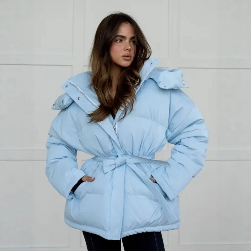 Hooded Cotton-padded New Thickened Autumn and Winter Fashion Jacket Women's Solid Color Belt Thermal Coat Retro Zipper Exquisite