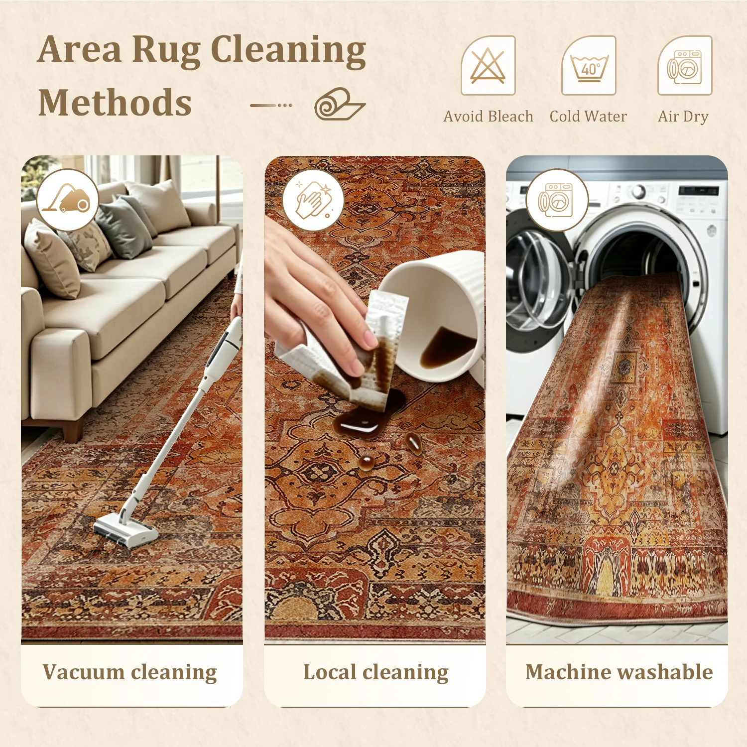 Large Indoor Area Rug, Soft Velvet Low Pile with Non-slip Dotted Backing, Machine Washable Vintage Distressed Persian Terracotta Rug for Living Room, Bedroom, Dining Room - view 8
