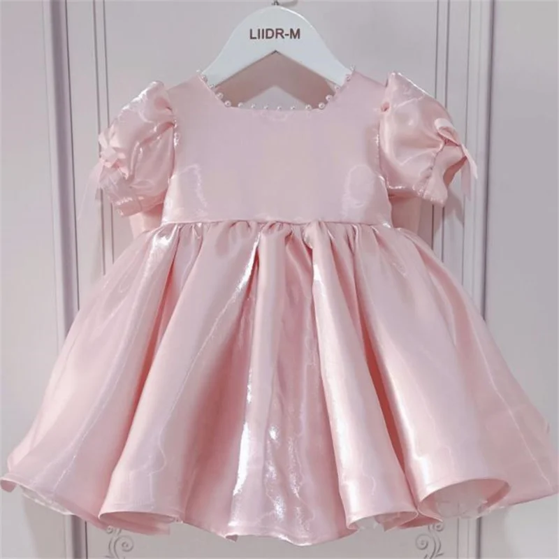 Children's  birthday princess dress short sleeve bow satin vestidos pink bead casual kids clothes girls