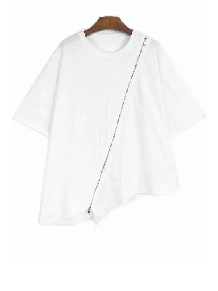 

Women Black Zipper Irregular Hem Big Size T-shirt New Round Neck Short Sleeve Fashion Tide Spring Summer