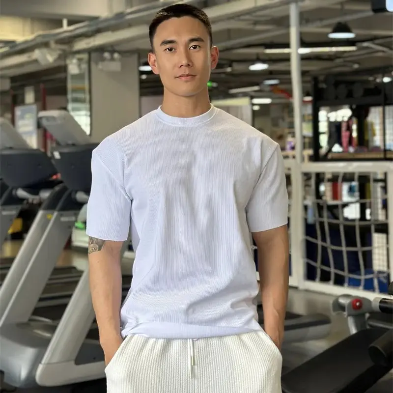 2024 summer new solid color vertical grain casual men's short-sleeved T-shirt top jogger elastic fitness crewneck sportwear