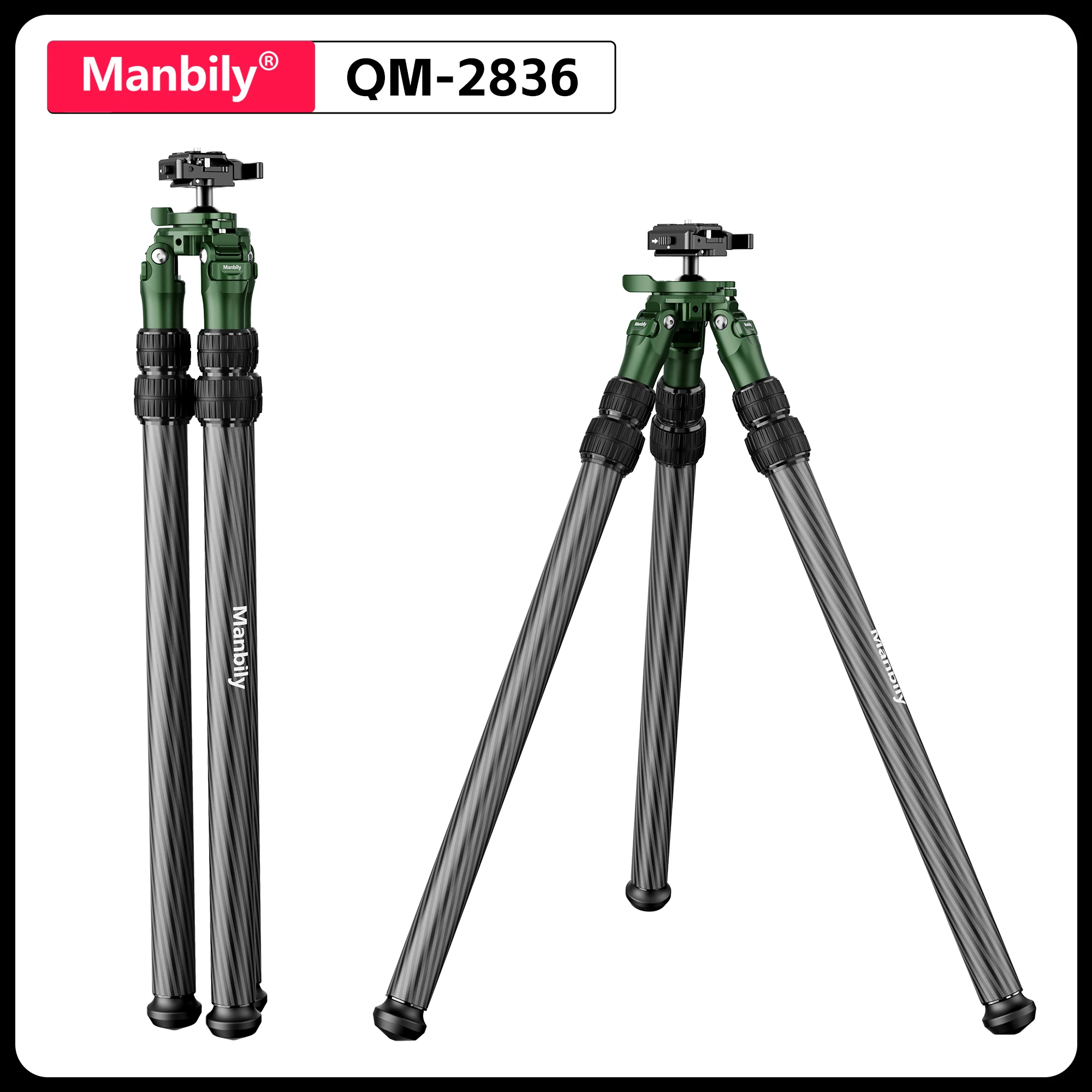 

Manbily 156cm Outdoor Carbon Fiber Tripods QM-2836 Professional Hunting Tripod 3-Sections with 45mm Ballhead Max.Load 25kg/55lbs