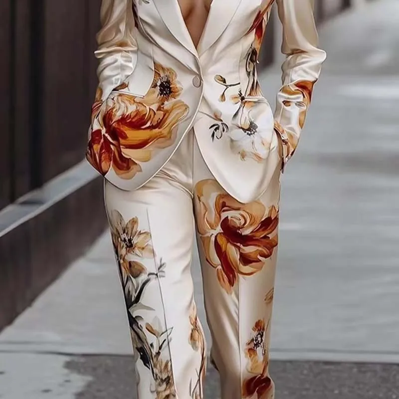 Traje de oficina de satén con escote en V profundo para mujer, conjunto de 2 uds., chaqueta de un botón de manga larga brillante blanca de invierno y pantalones de pierna recta para vacaciones