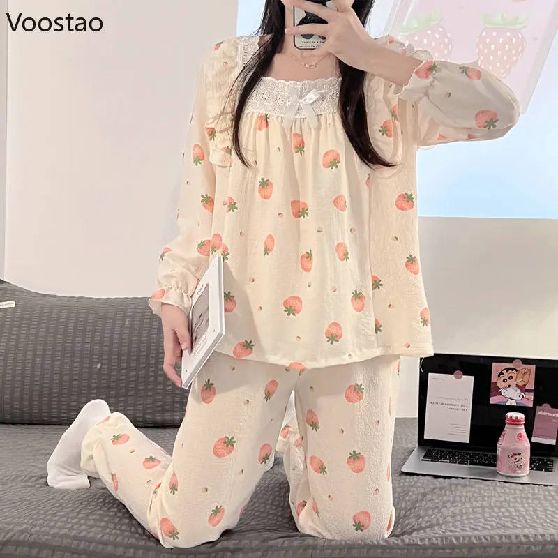 Spring Autumn Sweet Lolita Pajamas Suit Women Kawaii Lace Bow Strawberry Print Long Sleeve Tops Pants 2 Piece Set Girl Sleepwear