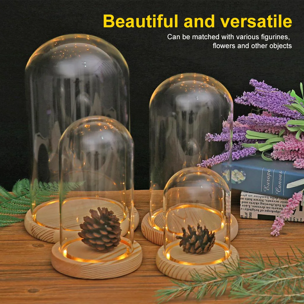 Glass Dome Wooden Base With LED Light Landscape Vase Dry Flower Cloche Cover DIY Succulent Plants Container Holder Bedroom Decor