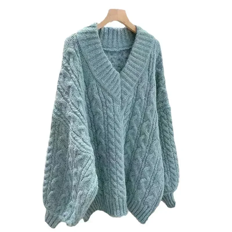 Winter Knitted Sweater Women Korean Fashion Solid Color Oversized Pullover Female Casual Loose Long Sleeve V Neck Y2k Clothes
