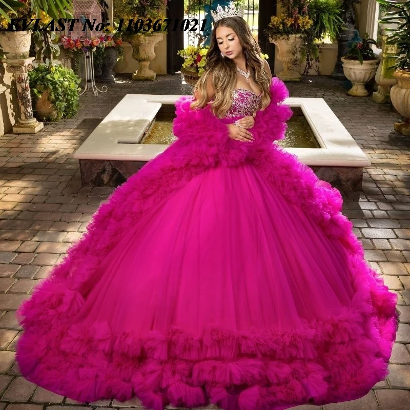 

EVLAST блестящее розово-красное бальное платье, платье для Quinceanera, аппликация, бисер, бриллианты, оборки, мексиканское милое платье 16 дюймов, 15 лет SQ184