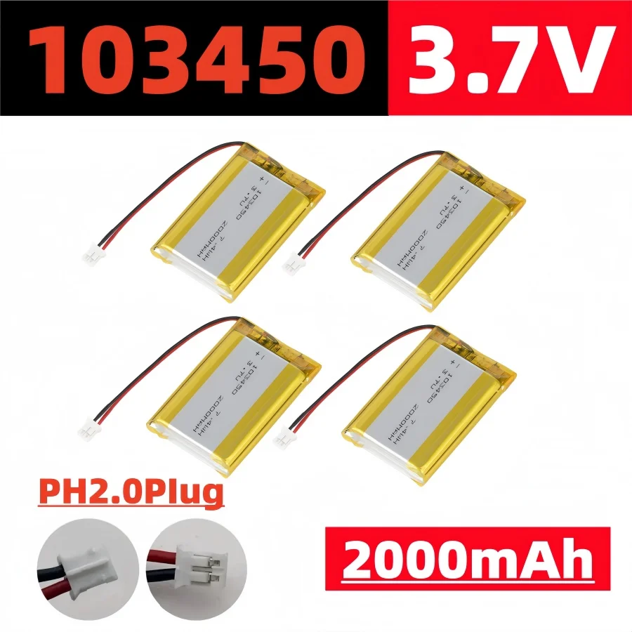

3.7V 2000mAh 103450 Rechargeable Polymer Lithium Battery JST PH 2.0mm 2Pin Plug For Camera GPS Navigator MP5 Bluetooth Headset