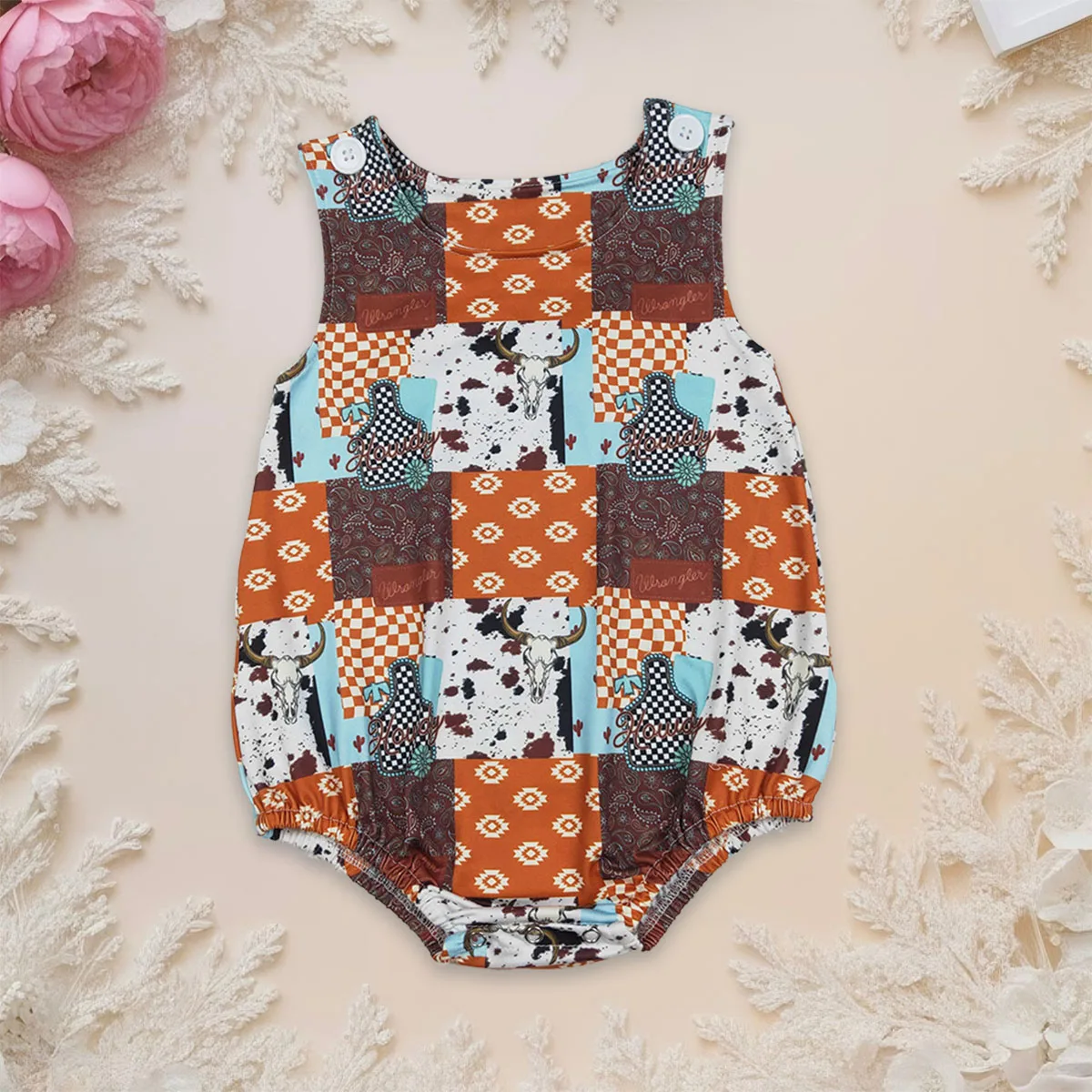 Newborn Baby Boy Bubbles Sleeveless Aztec Bull Skulls Plaid Western Kids Toddler Buttons up Romper Jumpsuit Onesies Wholesale