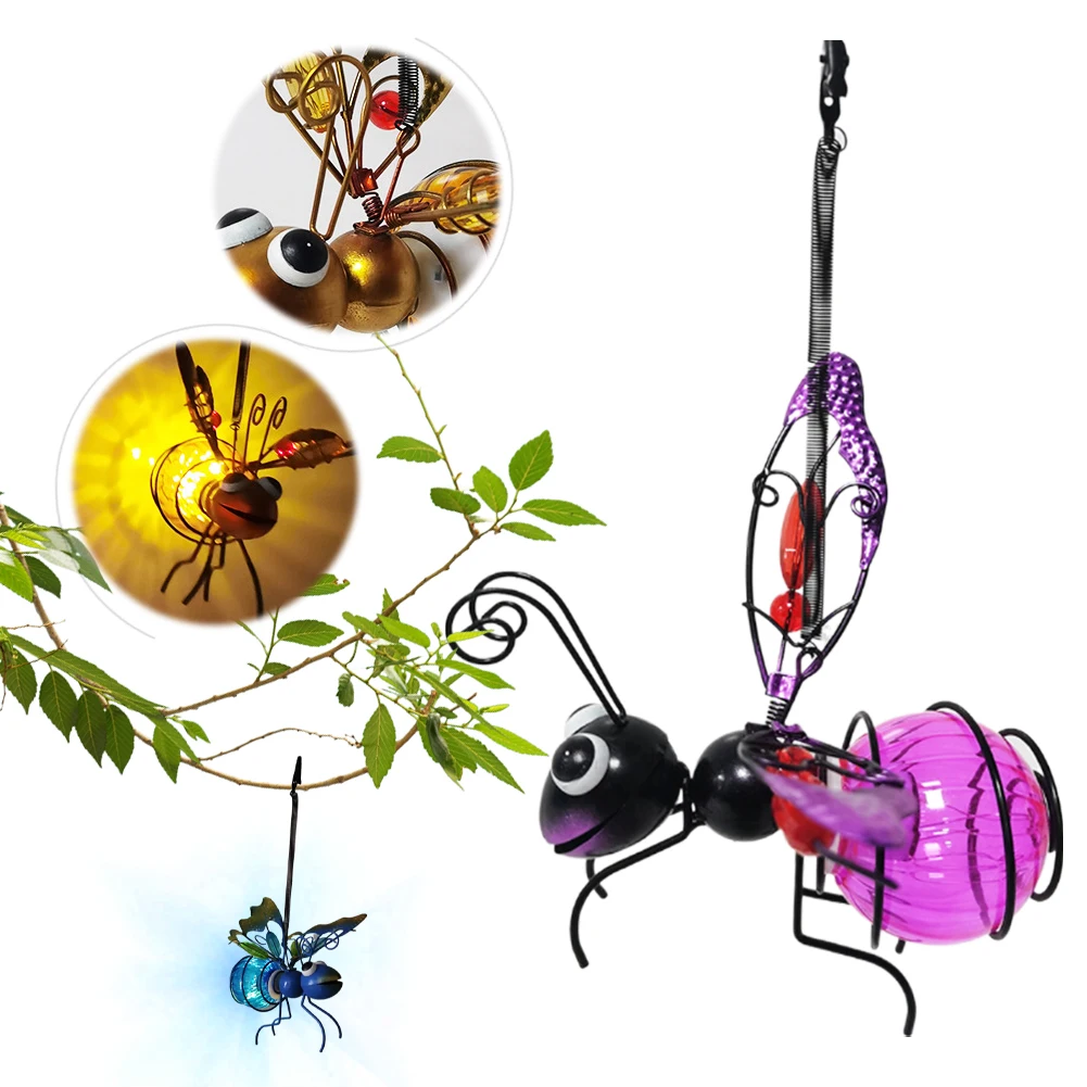 Solar Hanging Bee Light with Bouncy Springs Solar-Powered Metal LED Outside Bugs for Outside Garden Decor Backyard Balcony Porch