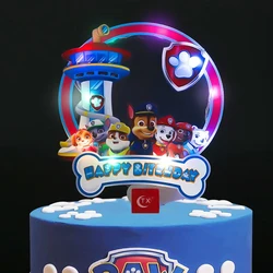 Paw Patrol Cartoon Cake Toppers, luz LED, conjunto de decoração, suprimentos plug-in, cartões de aniversário, festa infantil, crianças