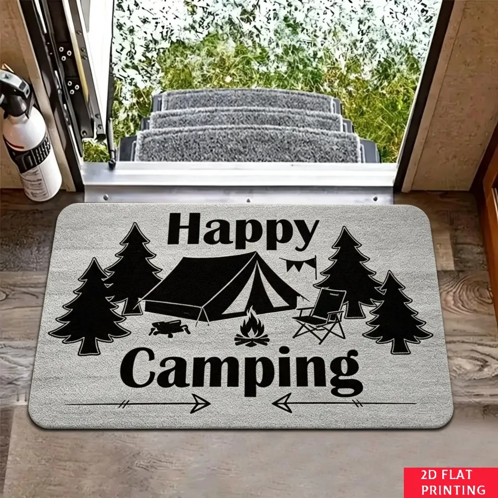 Happy Camping Tent Tree Doormat Gray Background Black Silhouette Print Non Slip Indoor Entrance Rug For Outdoor Lover Home Decor