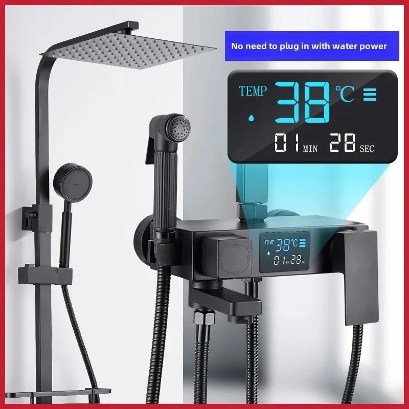 

Цифровой термостатический смеситель для душа, черный хром, со светодиодным дисплеем, дождевой душ и 4-сторонний смеситель, роскошная полка для биде
