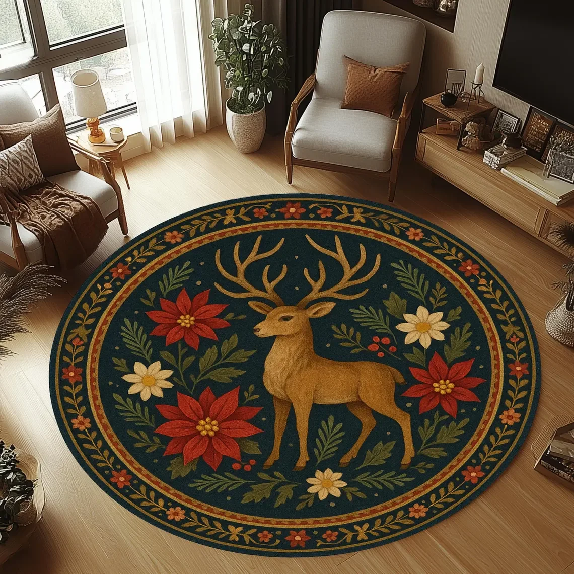 Christmas Deer Round Carpet Living Room Bedroom Floor Mat Festive Atmosphere Christmas Tree Home Rug