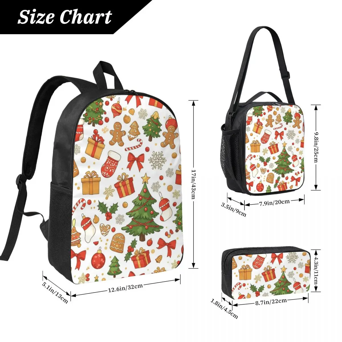 Gingerbread Holiday Happy Backpack Student BookBag School Bag Computer Shoulder Bags 3ps Insulated Lunch Bag Pencil Case