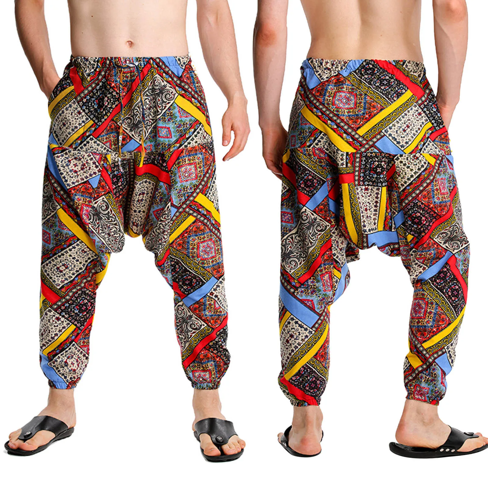 Pantaloni da uomo con coulisse in cotone e lino con lacci Harem Hip Fashion Print pantaloni Casual da uomo larghi Y2k abbigliamento Pantalones Streetwear