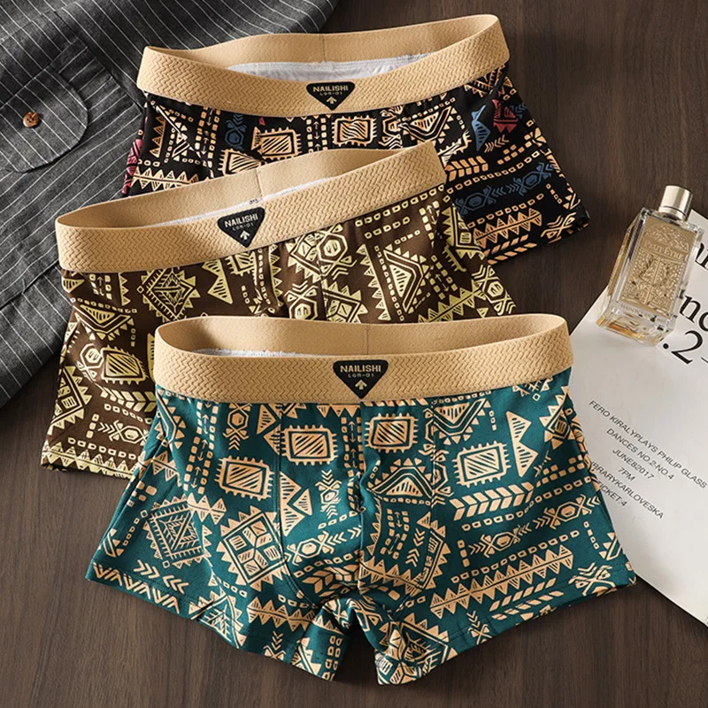 

New Arrival Men's Plus Size Underwear Comfortable Breathable Boxer Briefs American Vintage Ethnic Style Briefs Mid-Rise Shorts