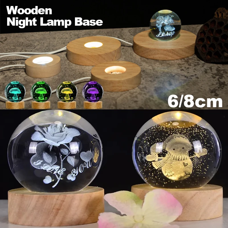 

4 шт. светодиодная деревянная подставка для дисплея 6/8 см, круглая подставка для USB-света, хрустальное стекло, смола, художественный орнамент, деревянная подставка для ночника, светодиодная подставка для светильника