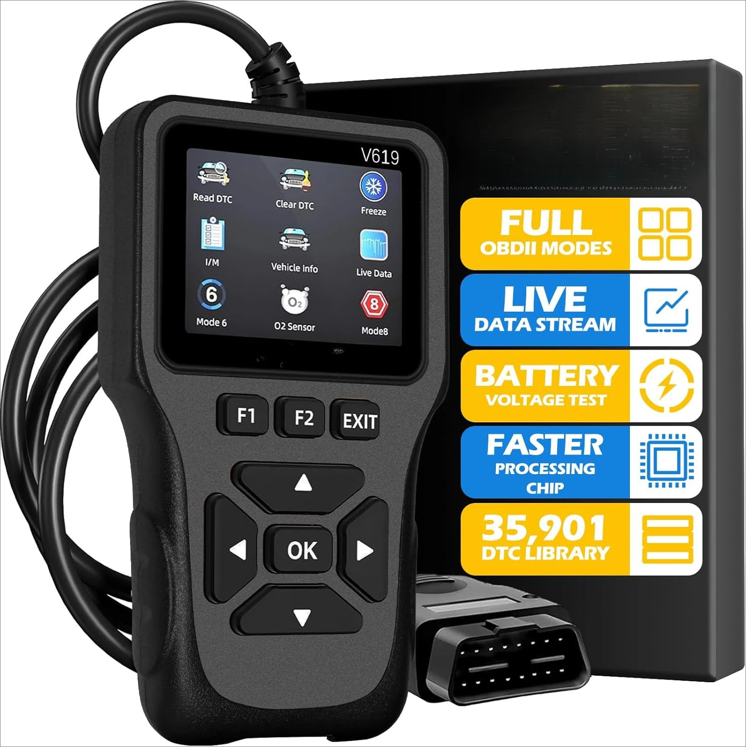 

Диагностический сканер OBD2, считыватель кодов неисправностей двигателя с поиском DTC по номеру 35901, проверка готовности I/M для всех автомобилей с OBDII с 1996 года